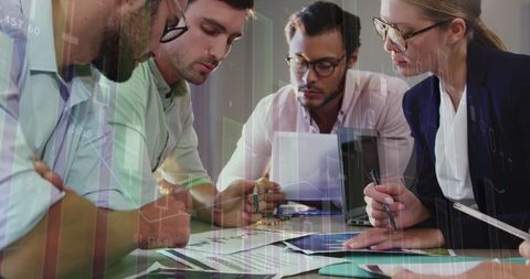 Team Analyzing Financial Data with Digital Overlays