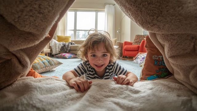 Child Playing in Cozy Blanket Fort in Bright Living Room