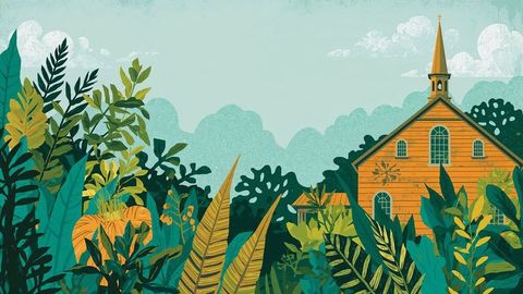 Wooden Church with Steeple Hidden in Lush Tropical Garden