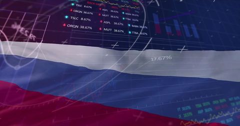 Russian Flag with Financial Data Overlay Symbolizing Economic Trends