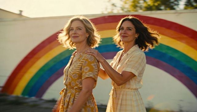 Two women walking together by rainbow mural in sunlit belted summer dresses