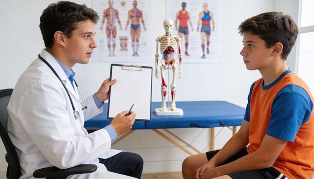 Teen athlete medical consultation with physician reviewing exam and anatomy model