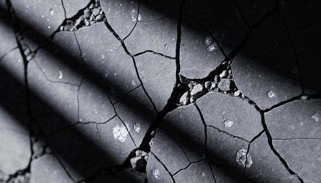 Cracked parched ground with polygonal fissures, gravel fill and dramatic diagonal shadows