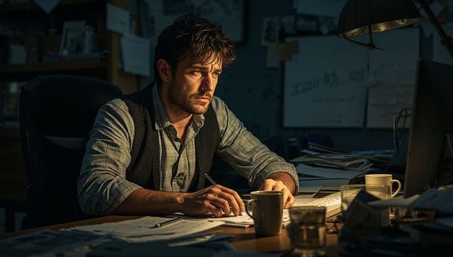 Late-Night Investigator Working at Cluttered Desk Studying Documents by Warm Lamp