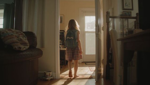 Young girl leaving house with backpack and plaid skirt walking toward sunlit back door