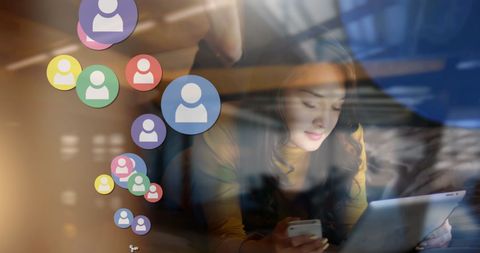 Woman Engaging with Social Media Devices by Digital Network Icons - Download Free Stock Images Pikwizard.com