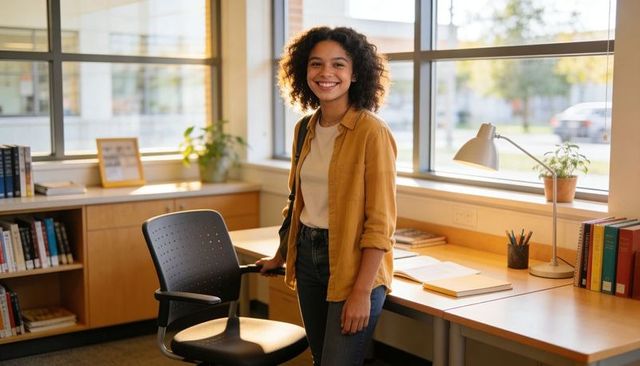 Smiling student standing in sunlit campus study room holding backpack by organized desk