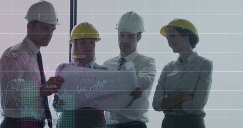 Architects Reviewing Plans with Digital Financial Overlay - Download Free Stock Images Pikwizard.com
