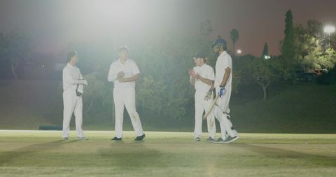Night cricket team standing under floodlights on outfield, bat and gloves, diverse players