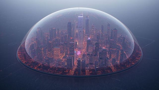 Encapsulating futuristic skyline under glass dome on circular platform with neon grid glow