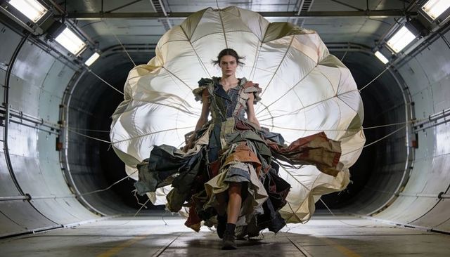 Parachute couture: model striding through industrial fuselage in patchwork dress and boots