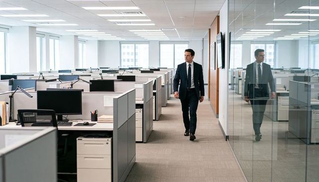 Executive walking through modern open-plan office with cubicles and glass reflection