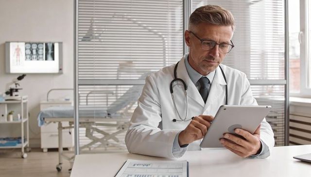 Experienced doctor reviewing electronic patient records on tablet in modern clinic office