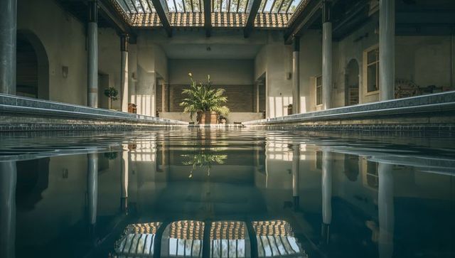 Mirroring indoor pool reflecting skylight grid and potted palm in classical atrium