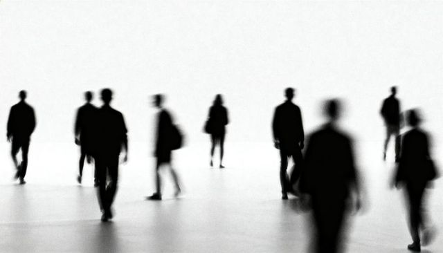 Silhouetted commuters walking across bright minimal concourse with motion blur