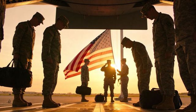 Us soldiers saluting flag on cargo ramp at golden hour silhouette emphasizing duty