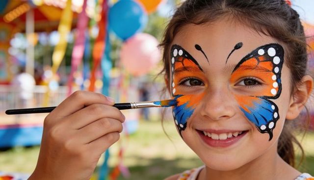 Young girl smiling while receiving butterfly face paint at colorful fair