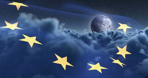 EU Flag with Stars and Moon in Night Sky
