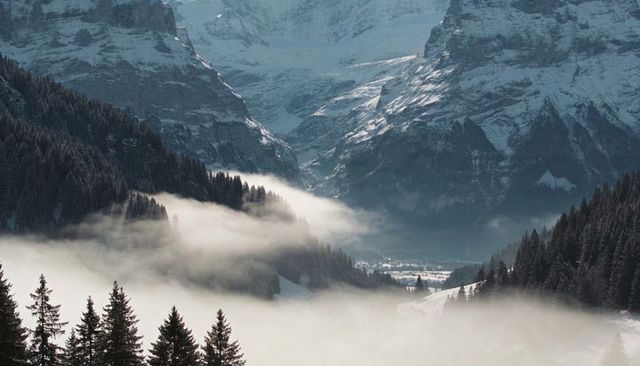 Fog-filled alpine valley revealing remote village between snow-clad peaks and fir ridges