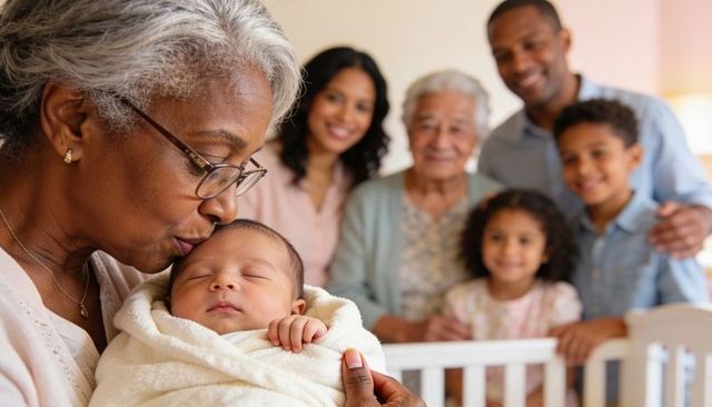 Grandmother kissing swaddled newborn while multigenerational family smiling in nursery