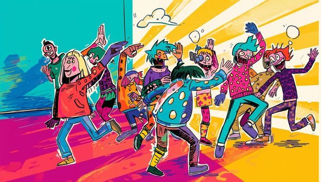 Vibrant cartoon teenagers dancing in patterned clothing on magenta stage with sunburst