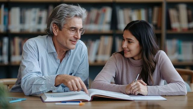 Gray-haired tutor mentoring student over open textbook in library for focused learning
