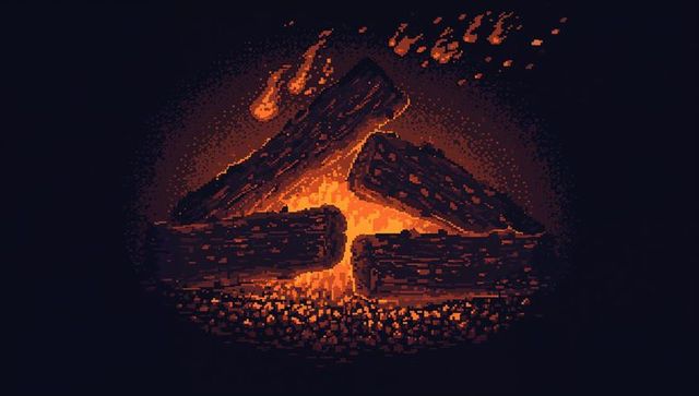 Pixel-art glowing campfire of charred logs with embers and sparks in dark retro style
