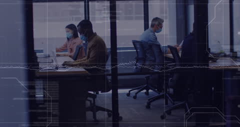 Diverse Team in Masks Working on Laptops with Digital Overlay
