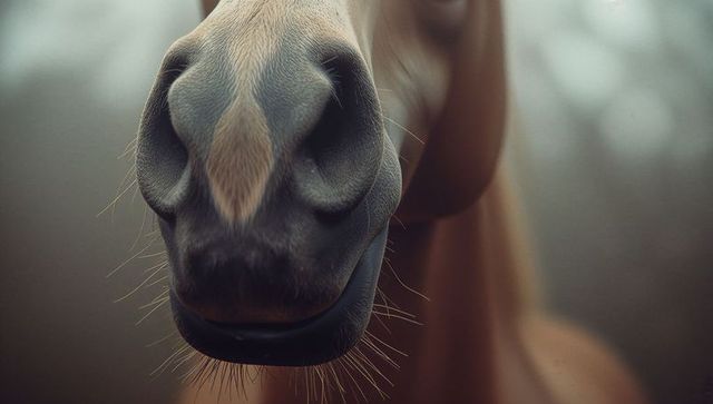 Closeup View of Horse Muzzle Foggy Pasture Remaining Misty Tranquil Ambience