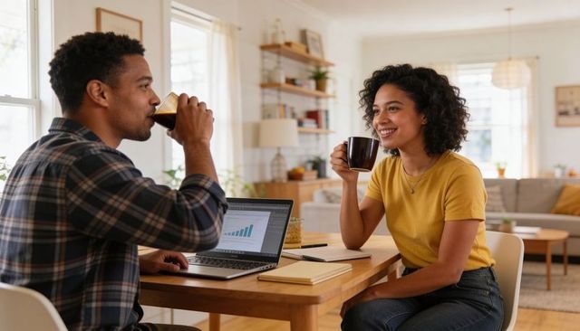 Young couple working from home sharing coffee while reviewing business growth chart