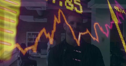 Confident entrepreneur analyzing financial chart overlay in collaborative open-plan office with team