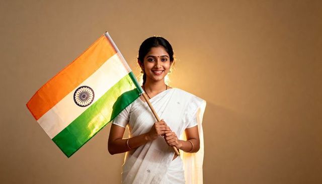 Smiling indian woman wearing white saree holding indian tricolor flag with golden halo