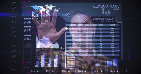 Analyst using holographic touchscreen display with market charts