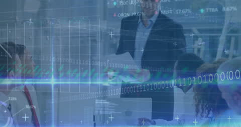 Business Meeting with Financial Data Overlay Analyses Technology