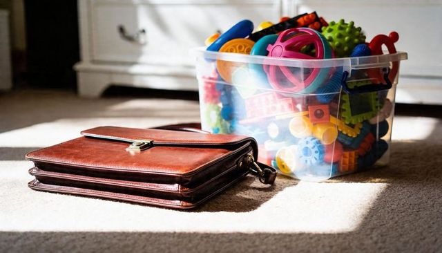 Resting brown leather briefcase soaking sunlight on beige carpet with colorful toy tub beside