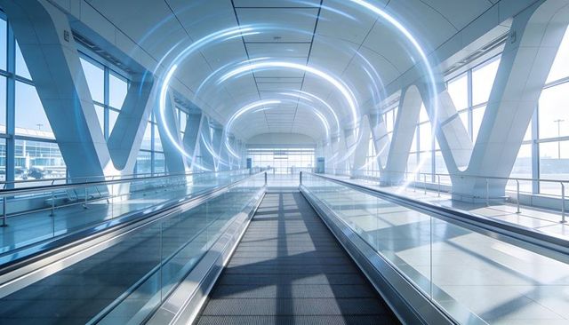 Leading futuristic airport walkway with glowing led rings and symmetrical travelators