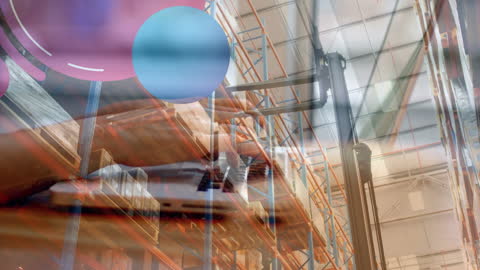 Technology in Logistics: Woman Using Laptop Overlays Warehouse Operations