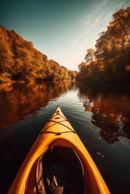 Peaceful scene capturing a kayak on a calm river surrounded by autumn foliage. Ideal for promoting outdoor activities, autumn travel, adventure lifestyle, and relaxation. Perfect for use in travel brochures, nature blogs, and advertisements related to outdoor sports and relaxation.