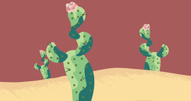 Illustrative image of green cactus plants growing on arid landscape against pink clear sky. Copy space, desert, vector, abstract, nature and scenery concept.