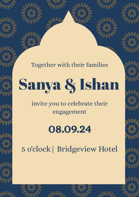 This elegant engagement invitation features intricate golden patterns on a deep blue background, making it perfect for formal events. The classy and ornate design elements highlight the names of the engaged couple and essential event details. Ideal for use in personalizing engagement party invitations and event announcements.