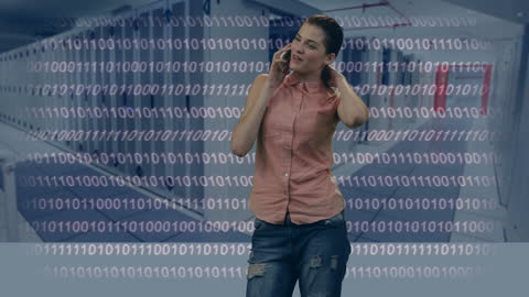 Woman on Smartphone Overlaid with Binary Code in Server Room