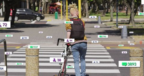 Person Crossing Outdoor Scene with Social Media Overlays - Download Free Stock Images Pikwizard.com