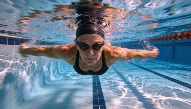 Senior woman swimming underwater in lap pool training strong stroke and endurance for active aging