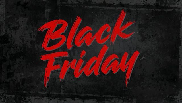 Bold Red Brushstroke Black Friday Lettering on Grunge Dark Background for Retail Campaigns