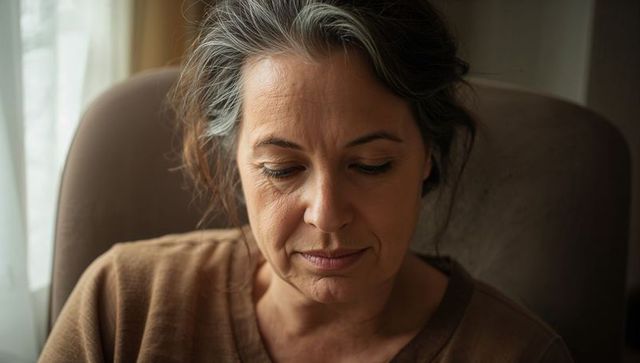 Contemplative middle-aged woman sitting in armchair gazing downward by window light