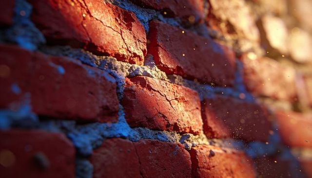 Sunlit weathered red brick wall showing cracked gray mortar and dust particles with bokeh