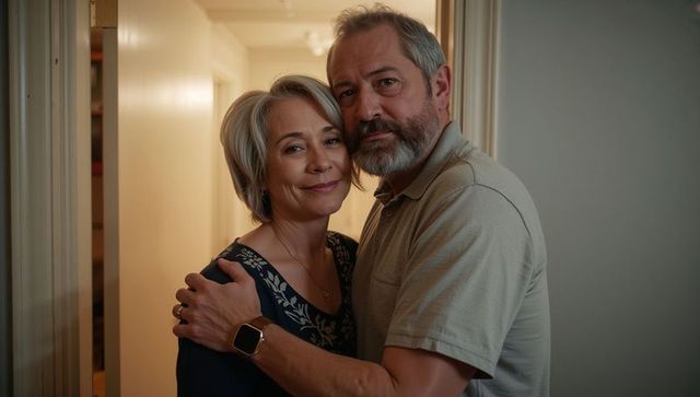Senior couple embracing in home doorway showing smartwatch warm intimate moment