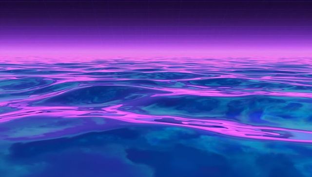 Neon vaporwave ocean reflecting magenta highlights on glossy cyan water with grid horizon