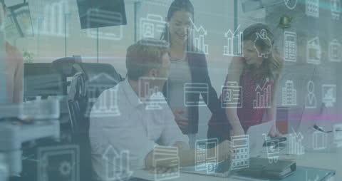 Business Team Analyzing Data with Virtual Interface in Modern Office