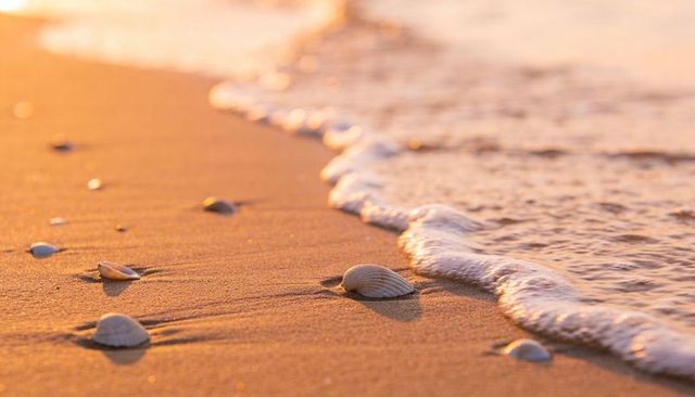 Seashells resting on golden sand with gentle wave foam and warm sunset glow beach closeup
